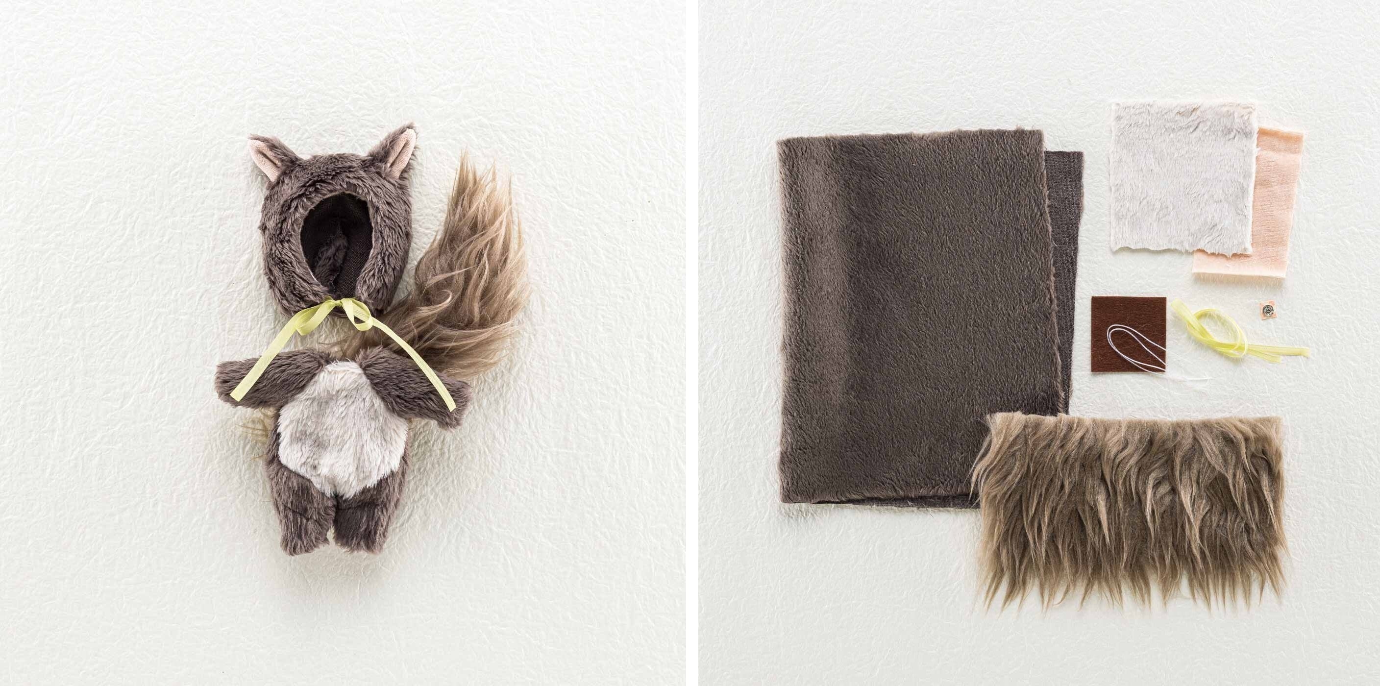 写真左：頭とからだが分かれているのでドールに着せやすい　写真右：材料がすべてそろったキット