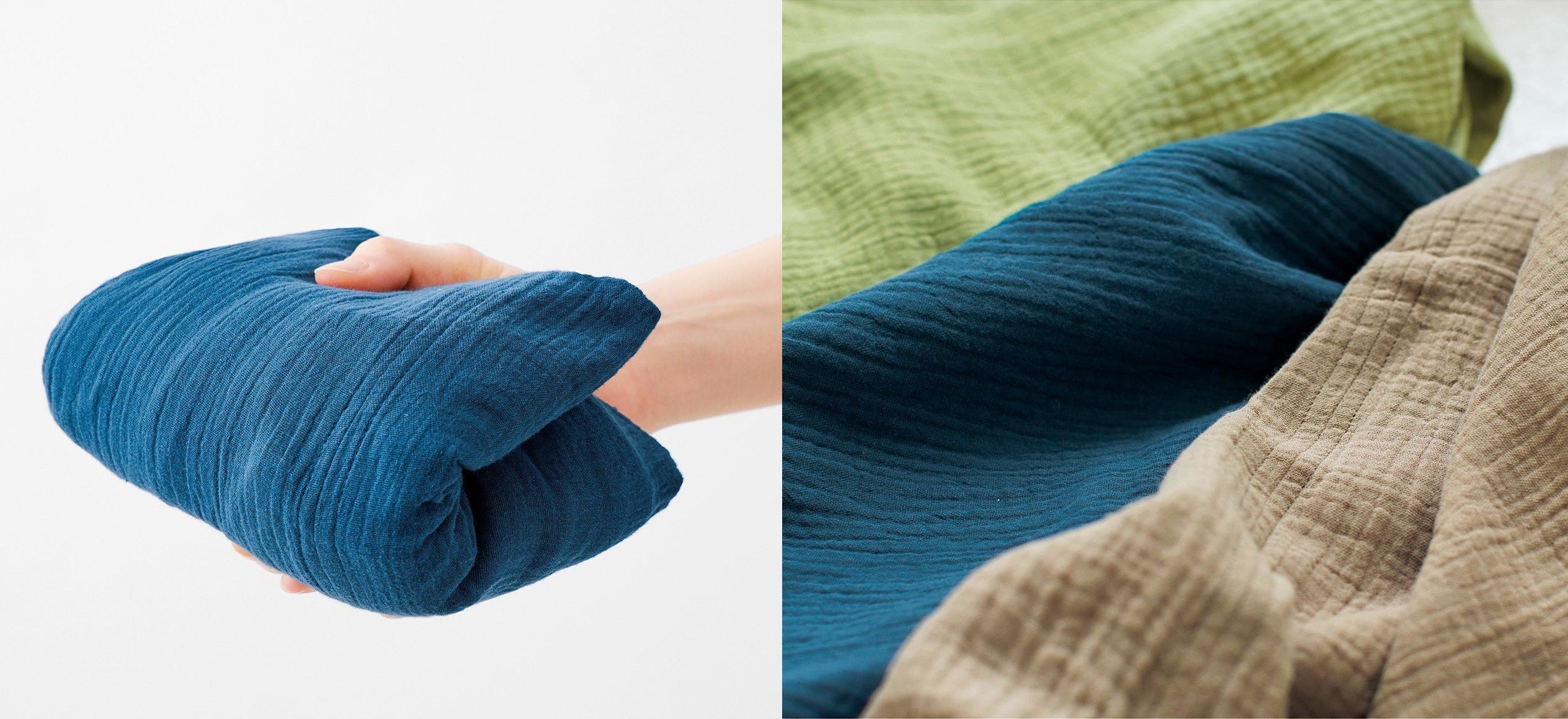 夏の日差しや冷房に、さっと羽織れるコンパクトに持ち運べる便利さ。洗うほどやわらかくなじむ綿100％ダブルガーゼ。味わいあるシボ感も特徴です。