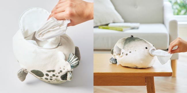 口からダパーっと水を吐くフグのぬいぐるみティッシュケースが