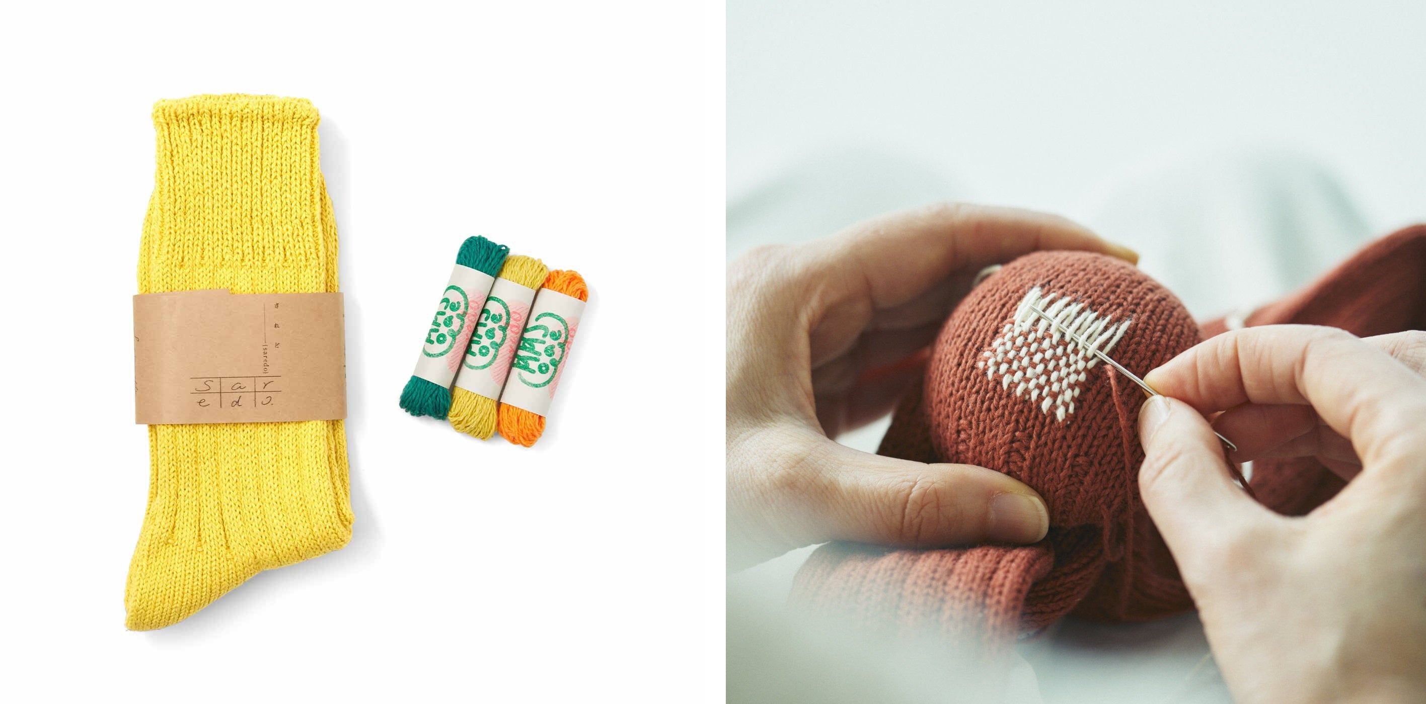 くつしたと同じ糸を使うから、ダーニングしやすい。ダーニングのほかに、メリヤス刺しゅうなどでくつしたをアレンジするアイデアを掲載した情報カードが付いてきます。