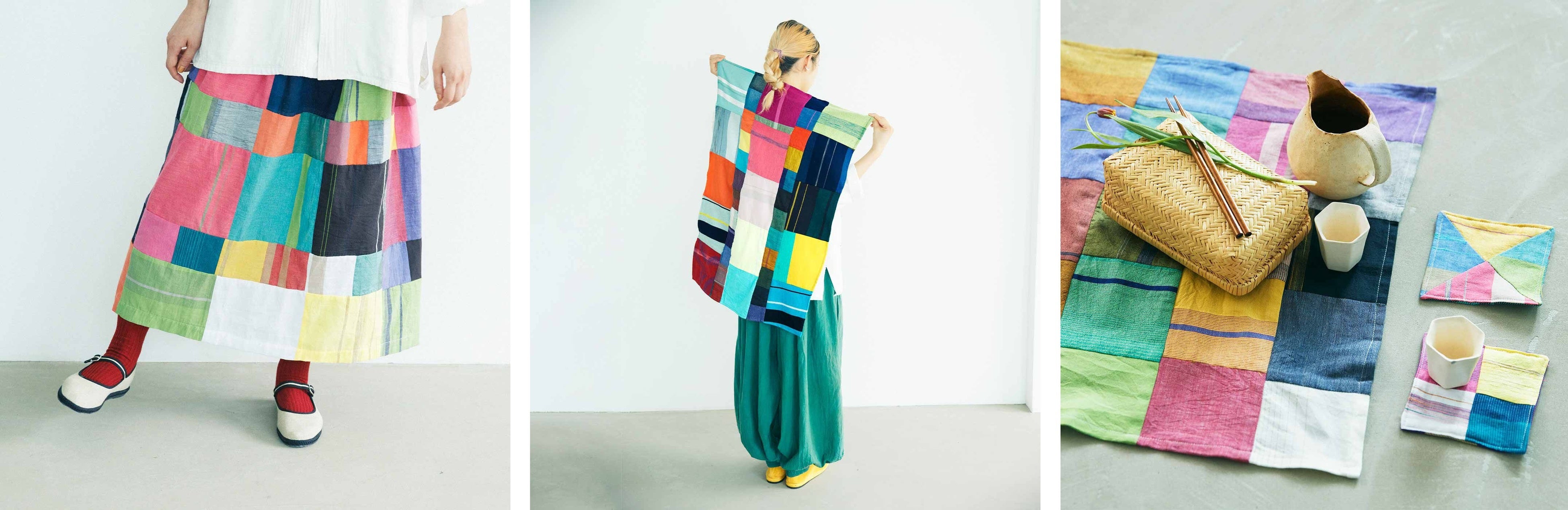 はぎれのアレンジ例。スカートやストールなど組み合わせを楽しめる。