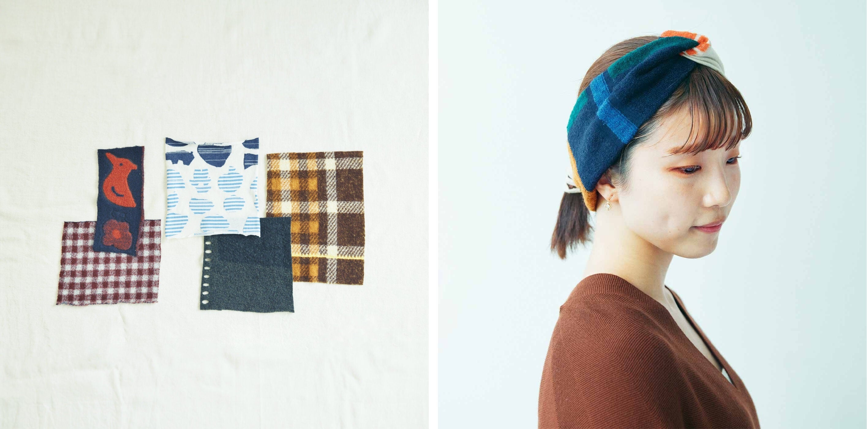 1回のお届けセット例です。伸縮性のあるニット地だから、ゴム入れ不要でヘアターバンにぴったり。　生地の厚さや色柄がランダムな5枚と、ヘアターバンの作り方説明書付きでお届けします。