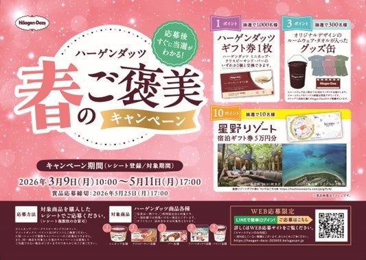 星野リゾート宿泊ギフト券やオリジナルグッズなど、豪華賞品が1,310名様に当たる! 「ハーゲンダッツ 春のご褒美キャンペーン」 3月9日(月)から5月11日(月)まで実施 星野リゾート宿泊ギフト券やオリジナルグッズなど、豪華賞品が1,310名様に当たる! 「ハーゲンダッツ 春のご褒美キャンペーン」 3月9日(月)から5月11日(月)まで実施