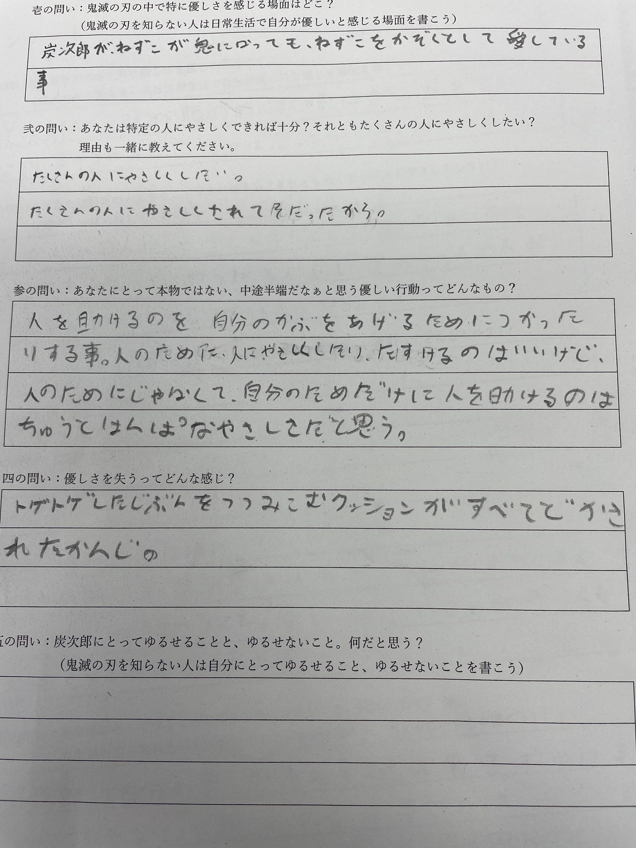 授業の中で漫画と自分の気持ちを紐付けて”やさしさ”について考えた様子。