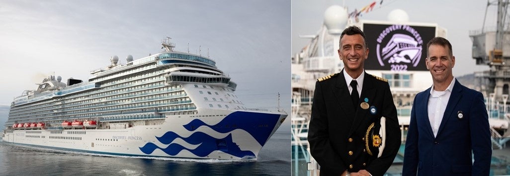 左より：新造船「ディスカバリー・プリンセス」、船長ジェナロ・アルマ、プリンセス・クルーズ社長ジョン・パジェット