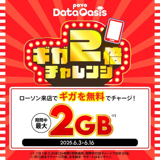 povo、データが無料でもらえる「povo Data Oasis」ローソン50周年を記念して「ギガ2倍チャレンジ」を開催 povo、データが無料でもらえる「povo Data Oasis」ローソン50周年を記念して「ギガ2倍チャレンジ」を開催