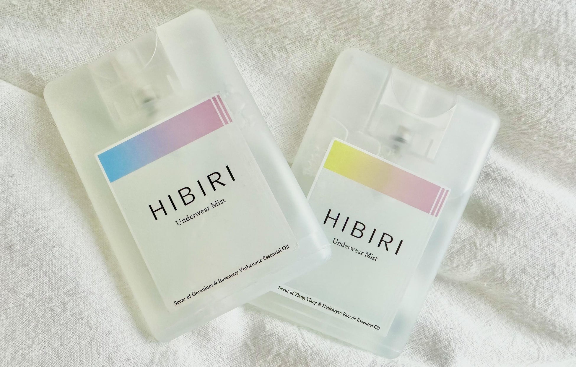 「HIBIRI」アンダーウェアミスト(左)ゼラニウム&ローズマリーベルべノン精油の香り(右)イランイラン&ヘリクリサムフィメール精油の香り