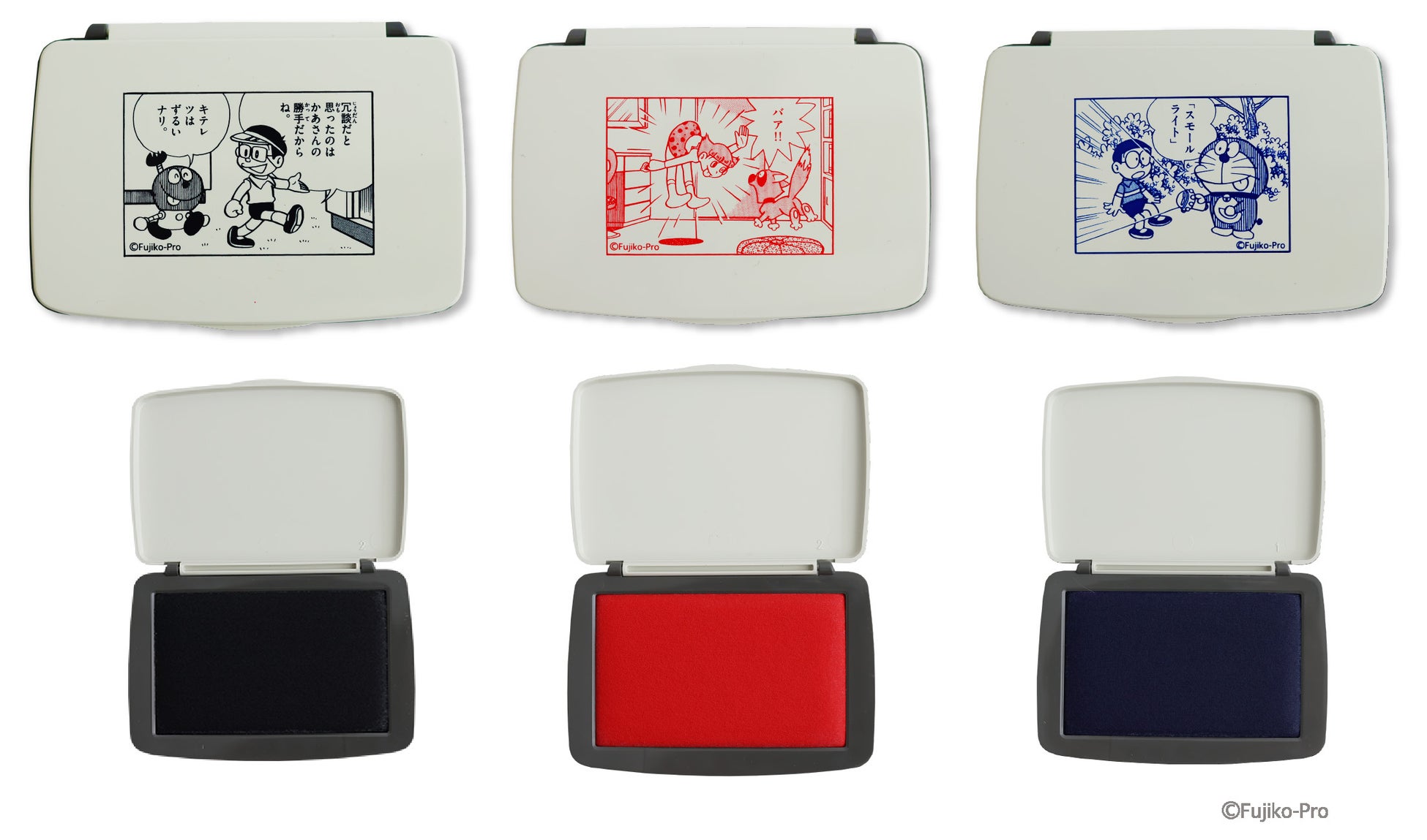 キテレツ大百科:黒色 エスパー魔美:赤色 ドラえもん:藍色