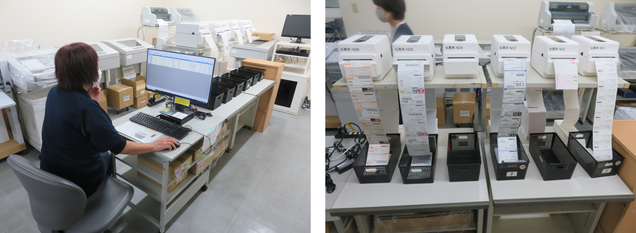 （左）受注データを集約・確認し一括出力指示 （右）6台のプリンタが運送会社別の送り状を一斉にプリントアウト