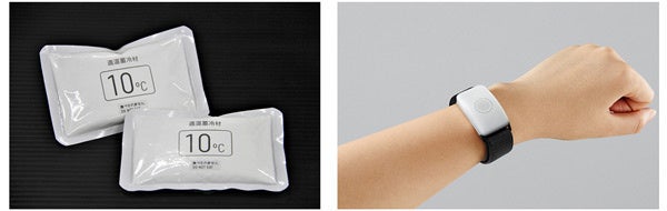 左：部活動中の暑熱対策の検証に活用する適温蓄冷材、右：ウェアラブルデバイス「カナリア」