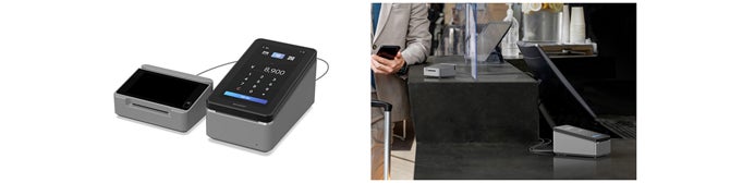 左:キャッシュレス決済端末イメージ、右:キャッシュレス決済端末の利用イメージ