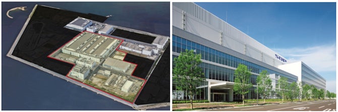 【左】シャープ堺工場内のデータセンター設置予定エリア（赤枠）&nbsp; 【右】データセンター設置予定エリア内の液晶パネル工場外観