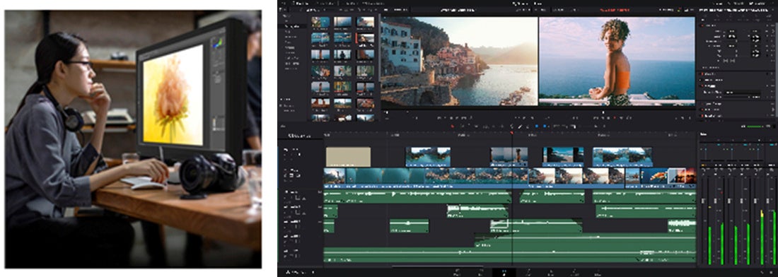 左：32V型 8Kカラーマネジメントディスプレイ＜8M-B32C1＞利用イメージ 、右：Blackmagic Design「DaVinci Resolve 18」編集画面。 ●画面はハメコミ合成です。実際の表示とは異なります。