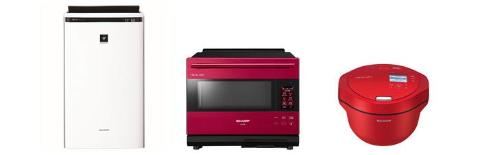 キャンペーン対象商品(例) 左から、プラズマクラスター加湿空気清浄機<KI-RX100>、 『ヘルシオ』<AX-XA30>、『ヘルシオ ホットクック』<KN-HW24G>