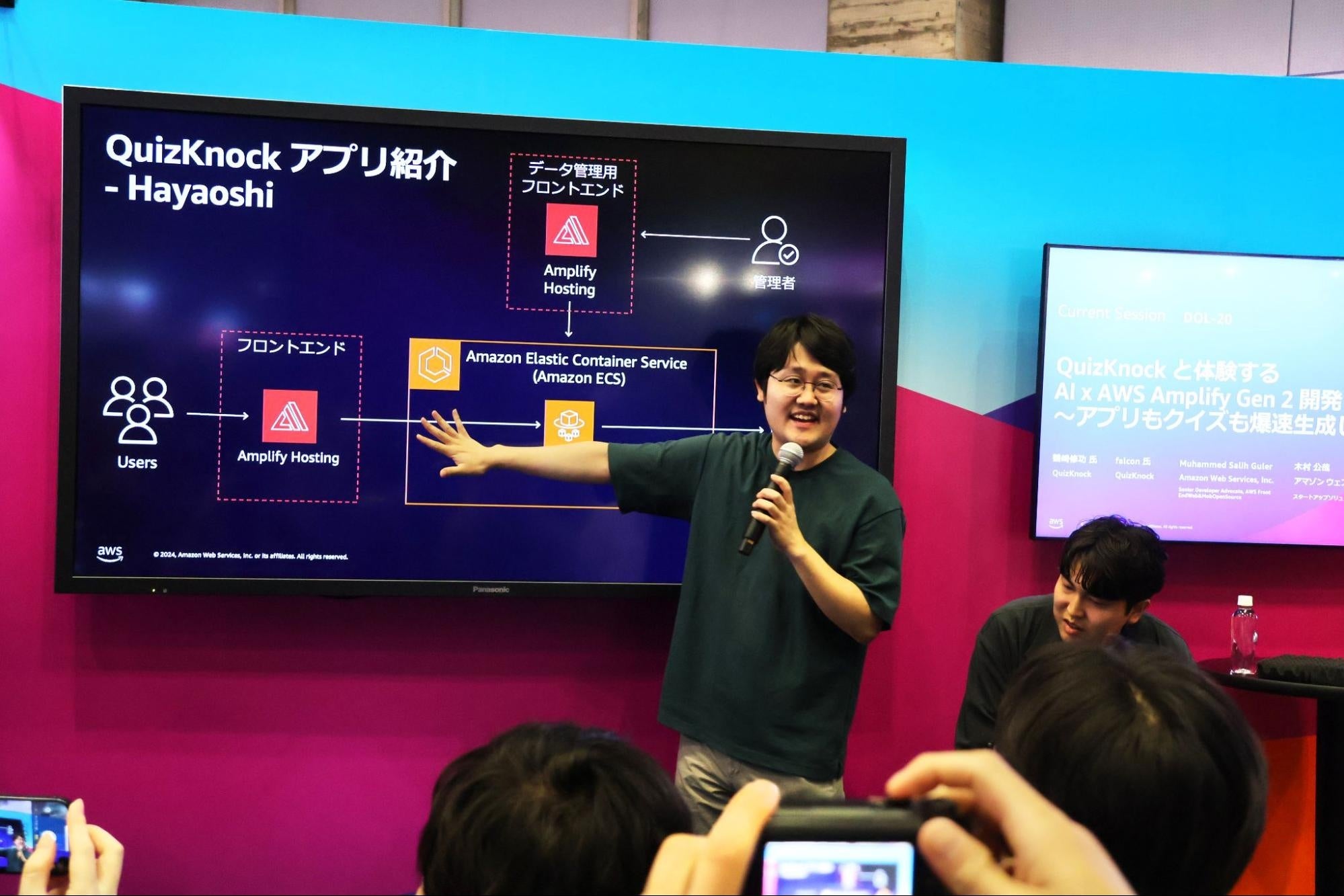 自身が開発したWebアプリ「Hayaoshi」について解説する鶴崎