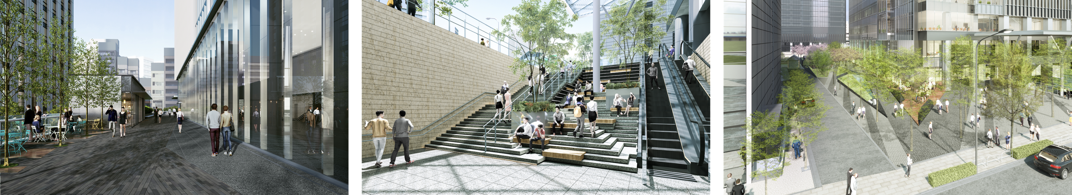 「ペデストリアンデッキ」パース／サンクン階段パース／東側外構パース