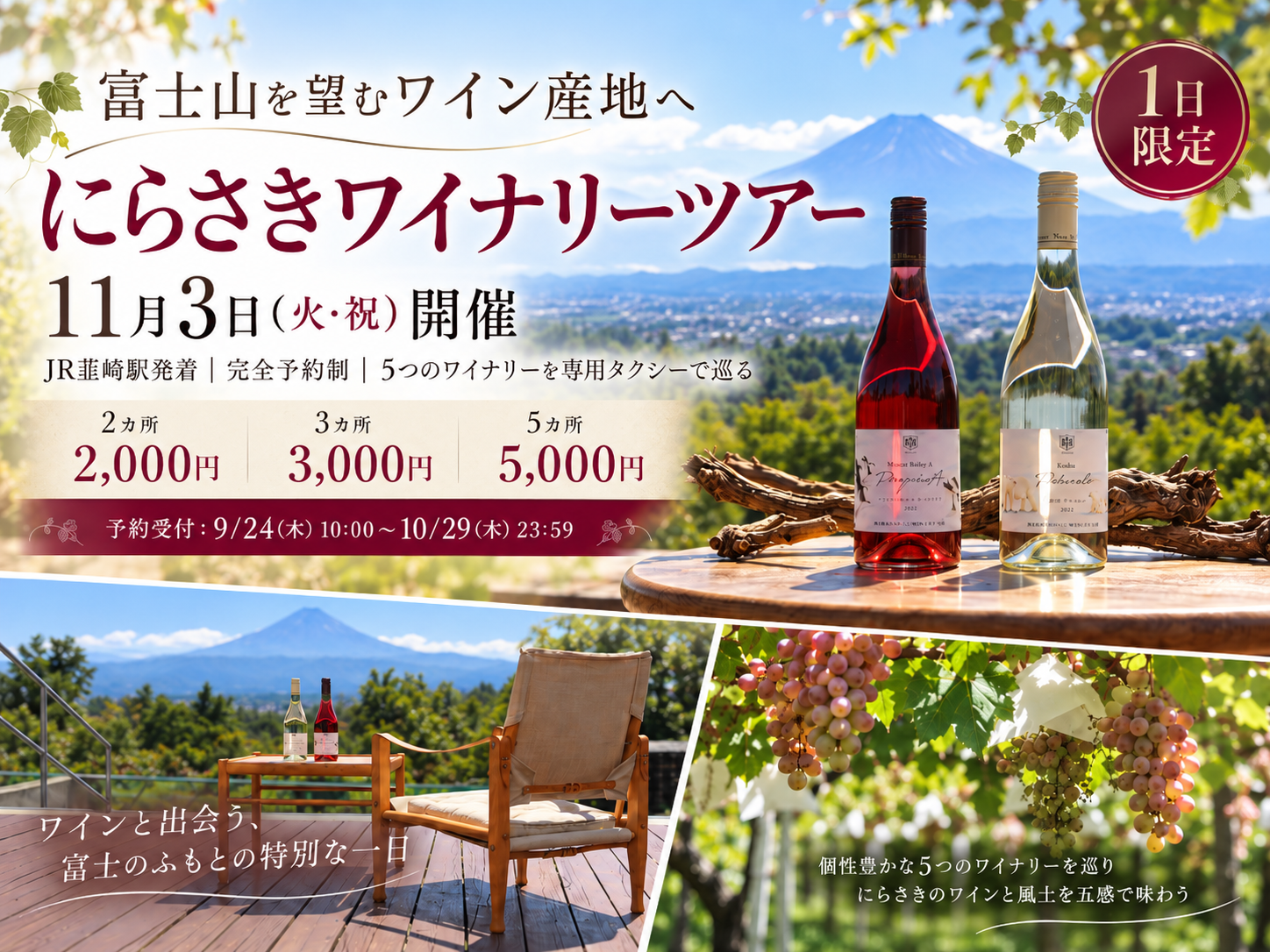 富士山を望むワイン産地へ。5つのワイナリーを専用タクシーで巡る「タクシーで行く！にらさきワイナリーツアー」11月3日開催