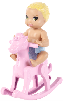 うまのおもちゃにベビーを座らせて、 手で押して遊ばせることができます