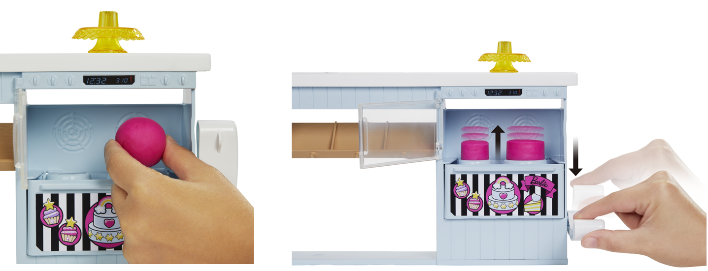 オーブンにねんどといれてレバーを引くとケーキが焼き上がる