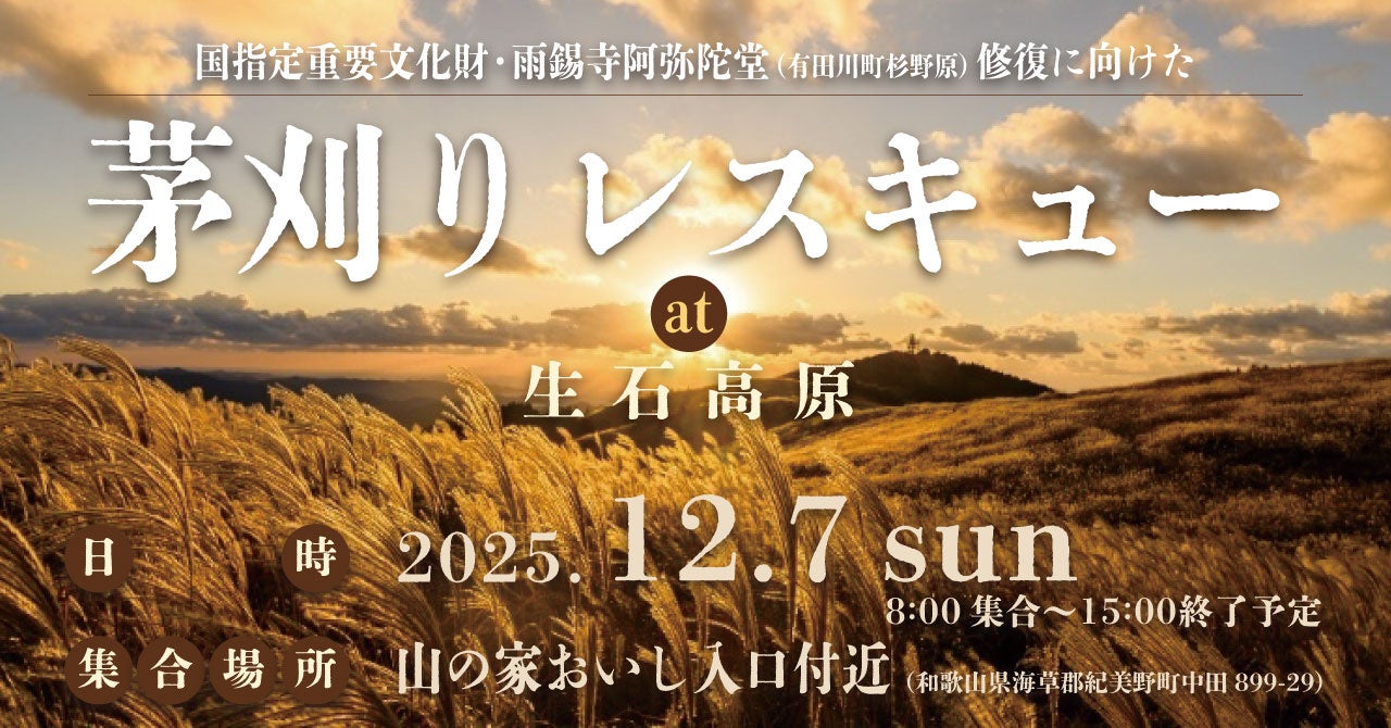 約600年続いた伝統祭事の復活を目指す!国指定の重要文化財「雨錫寺阿弥陀堂」茅葺き屋根の修復に向けた【茅刈りレスキュー】12月7日(日)開催