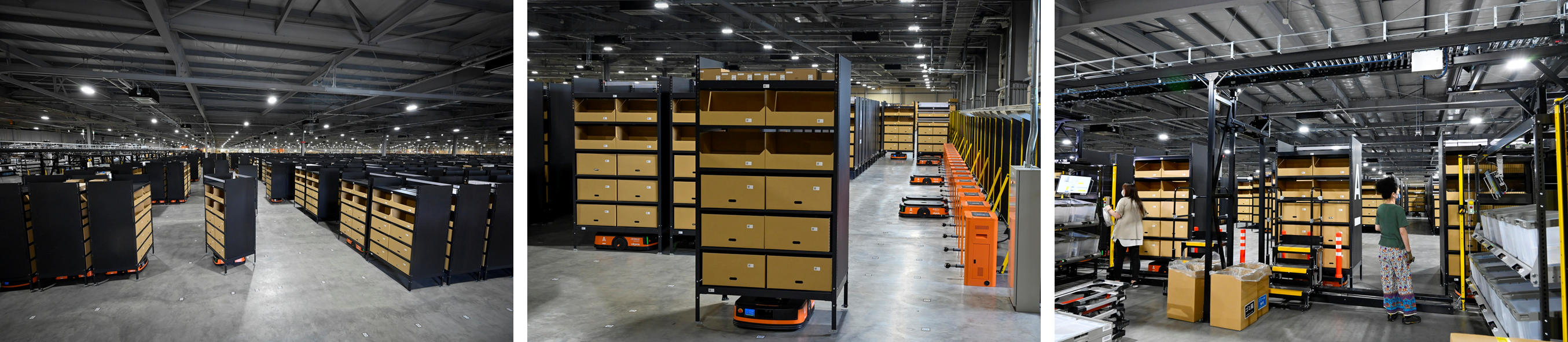 120台のAGV（自動搬送ロボット）が稼働するGTPエリア：人は歩かず、棚が手元に運ばれます
