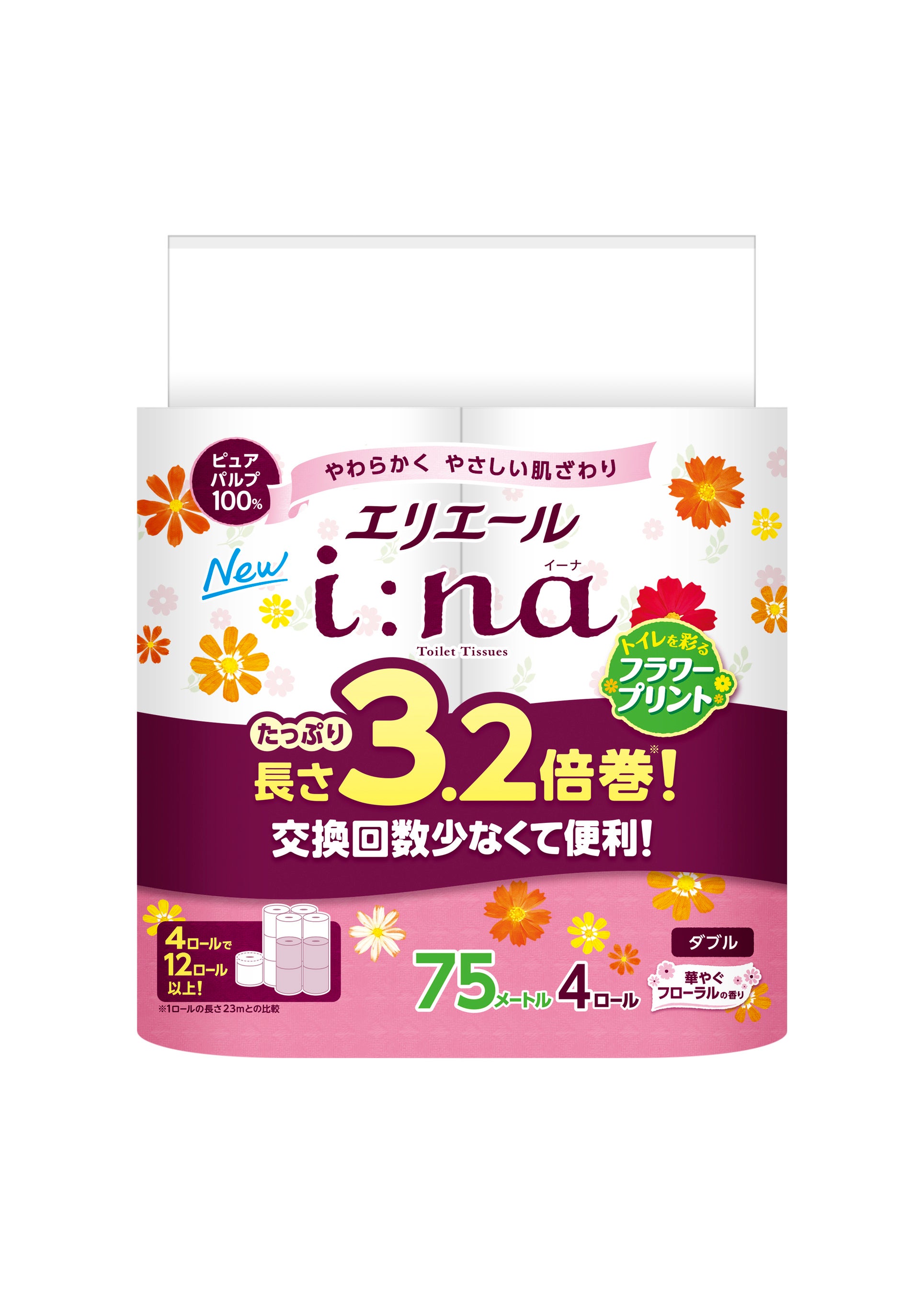 エリエール ina（イーナ）トイレットティシュー 3.2倍巻　フラワープリント