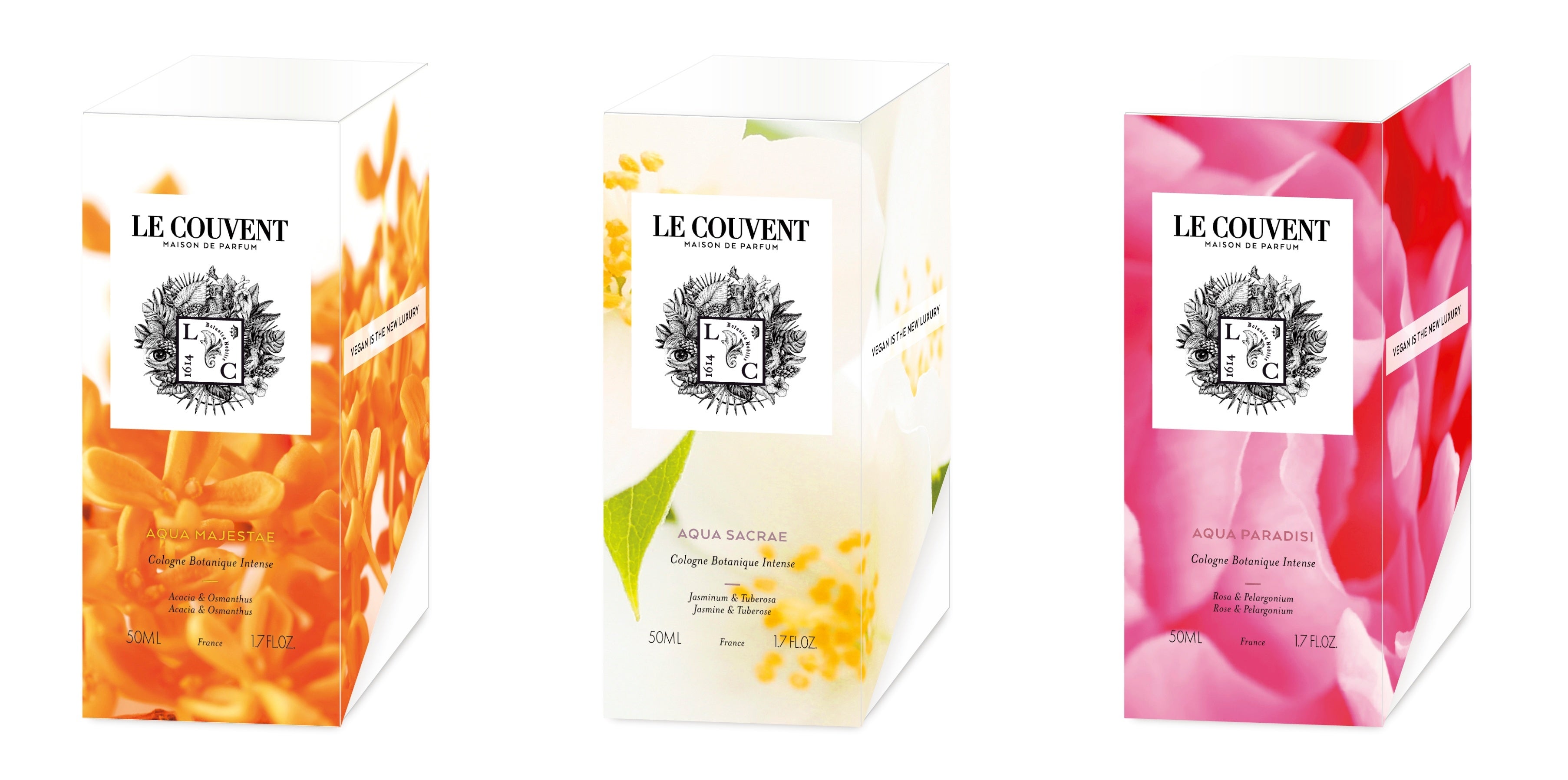 左から ボタニカルコロン アクアマジェスタエ、同 アクアサクラエ、同 アクアパラディシ