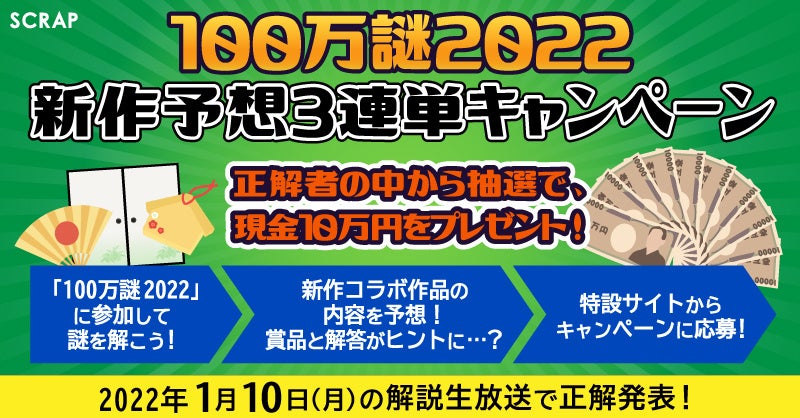 新作リアル脱出ゲームが一挙7作品発表されるscrap新春生放送は1 10 月祝 放送 総額22万円のクーポン プレゼントキャンペーンも開催 22年もscrapは止まらない 株式会社scrapのプレスリリース 新作リアル脱出ゲームが一挙7作品発表されるscrap新春生放送は1 10 月祝 放送 総額22万円のクーポン プレゼントキャンペーンも開催 22年もscrapは止まらない 株式会社scrapのプレスリリース