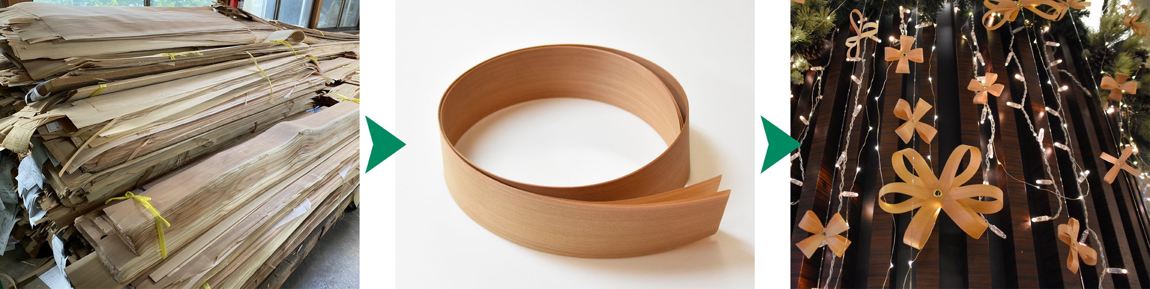 天井材に使われる秋田杉の薄板。捨てられてしまう端材をリボン状に加工し、オーナメントを制作。