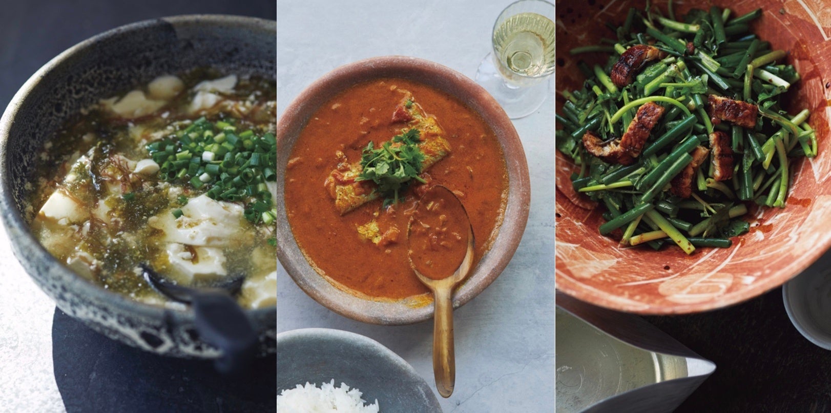 左から 海藻豆腐、太刀魚の南風咖哩、鰻とクレソンのサラダ （『食べる美容』より参考画像）