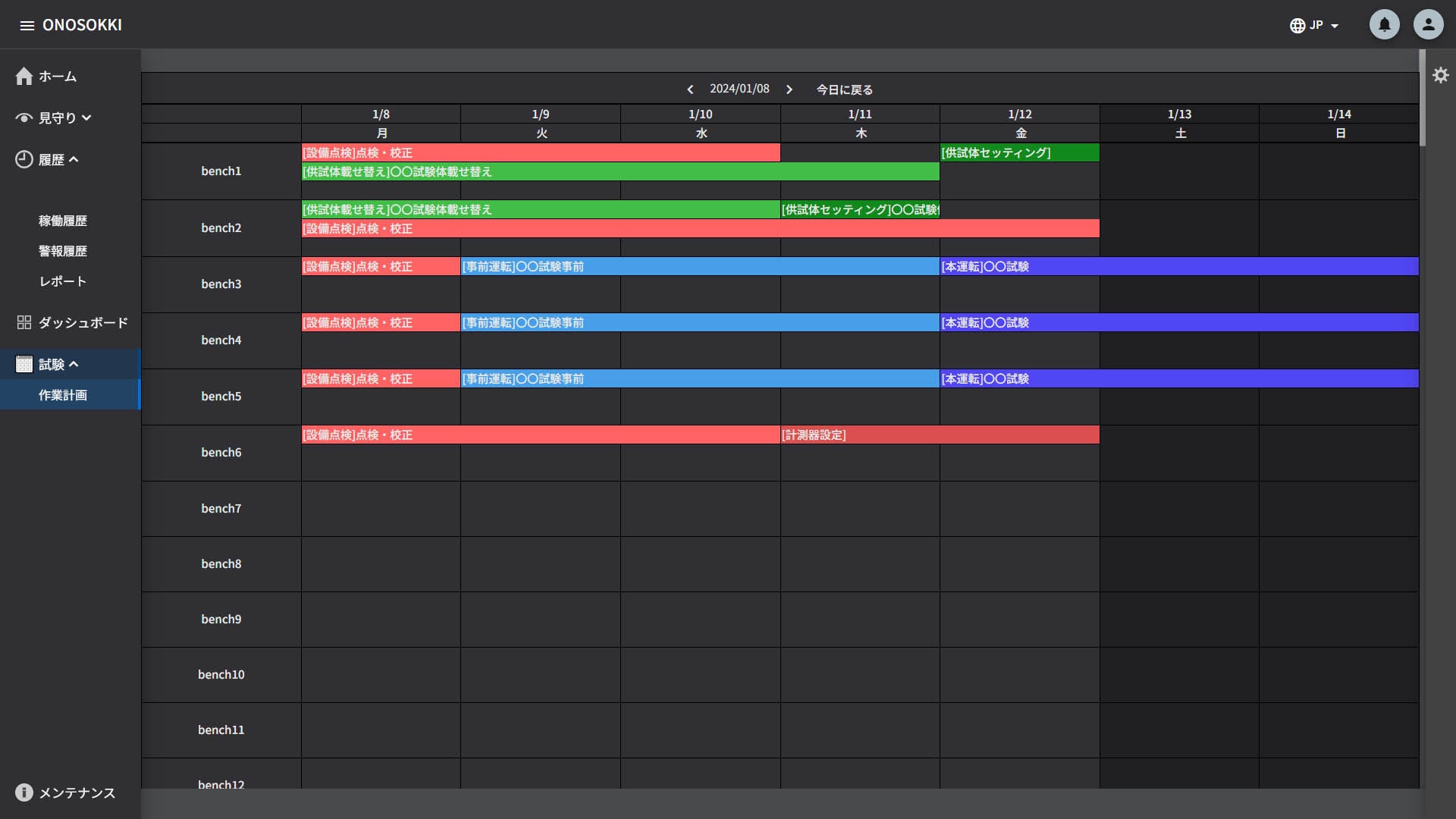 試験スケジュール画面：複数のベンチの試験予定が一目でわかる
