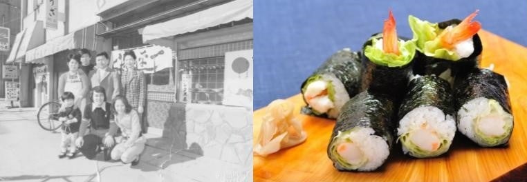 左：先代社長（後列中央）と平尾昌晃氏（前列中央）一平寿し店先にて（昭和四十年代撮影）　右：一平寿しの元祖レタス巻
