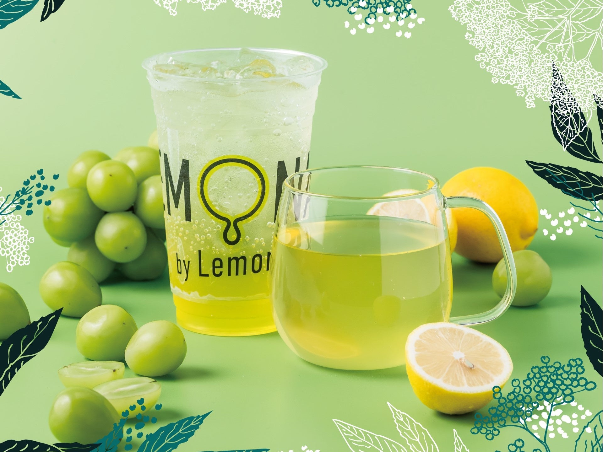 【冬の新商品】 左から順に「エルダーフラワー＆マスカット ソーダレモネード」「エルダーフラワー＆マスカット ホットレモネード」