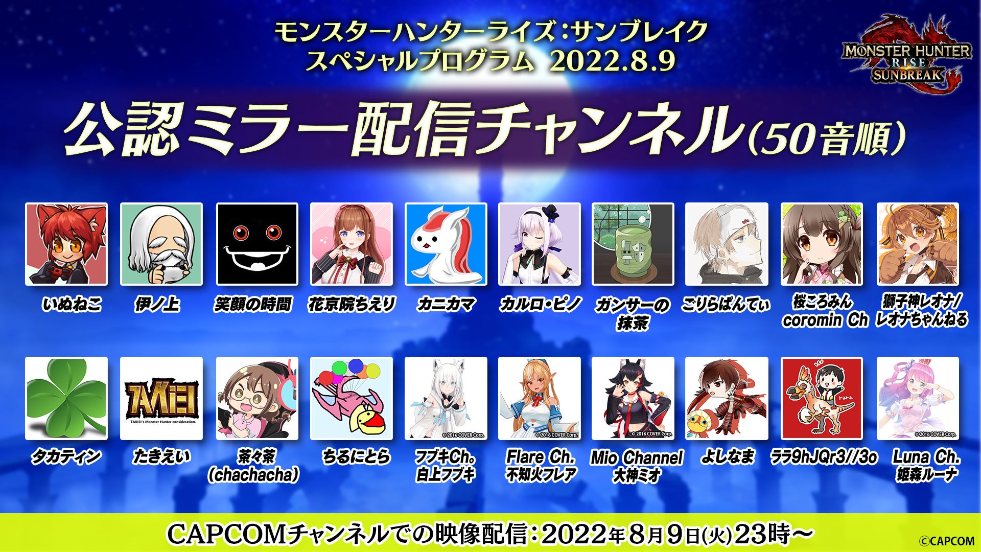 モンハン好き配信者と一緒に番組を楽しめる モンスターハンターライズ サンブレイク スペシャルプログラム 22 8 9 の公認ミラー配信を実施 株式会社カプコンのプレスリリース モンハン好き配信者と一緒に番組を楽しめる モンスターハンターライズ サンブレイク スペシャルプログラム 22 8 9 の公認ミラー配信を実施 株式会社カプコンのプレスリリース