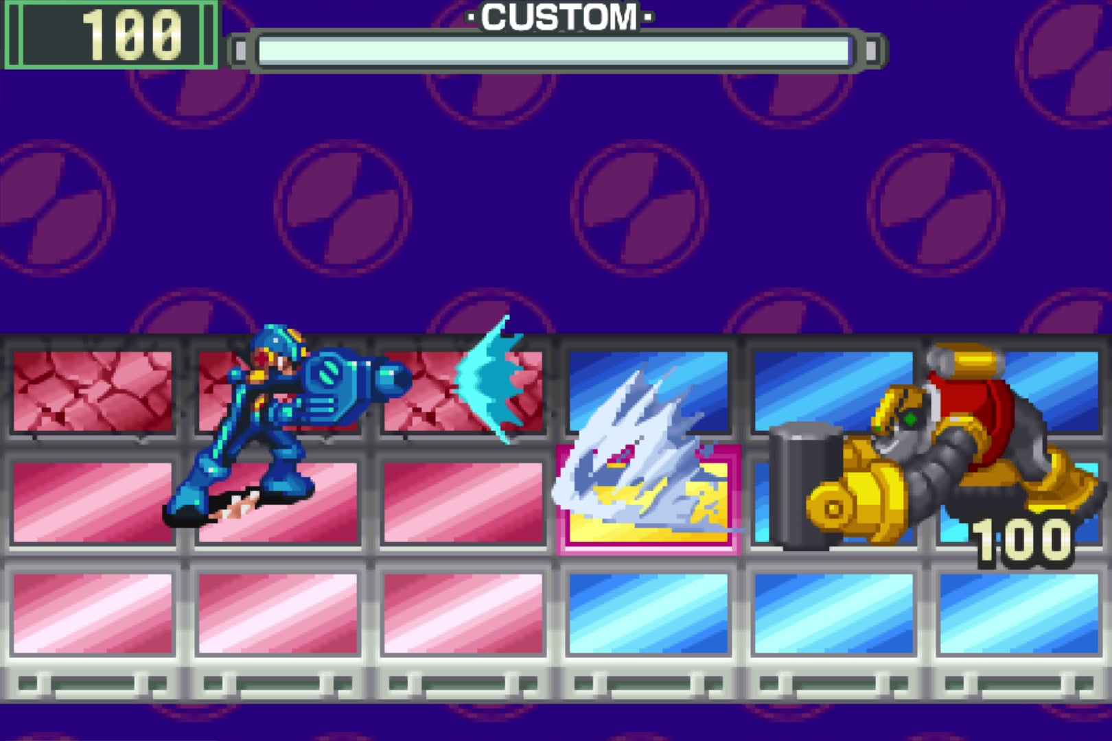 ソロプレイでのロックマンとガッツマンの対戦。チップの戦略が勝敗を分ける。