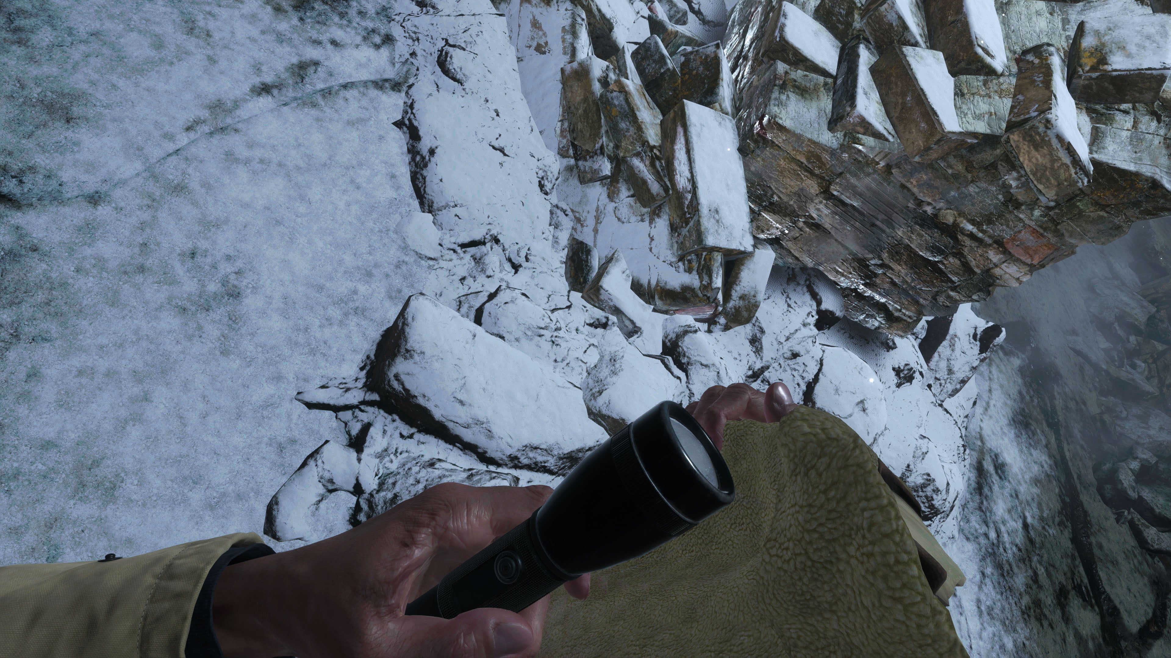 懐中電灯や武器をイーサンのコートの中に装備することができる