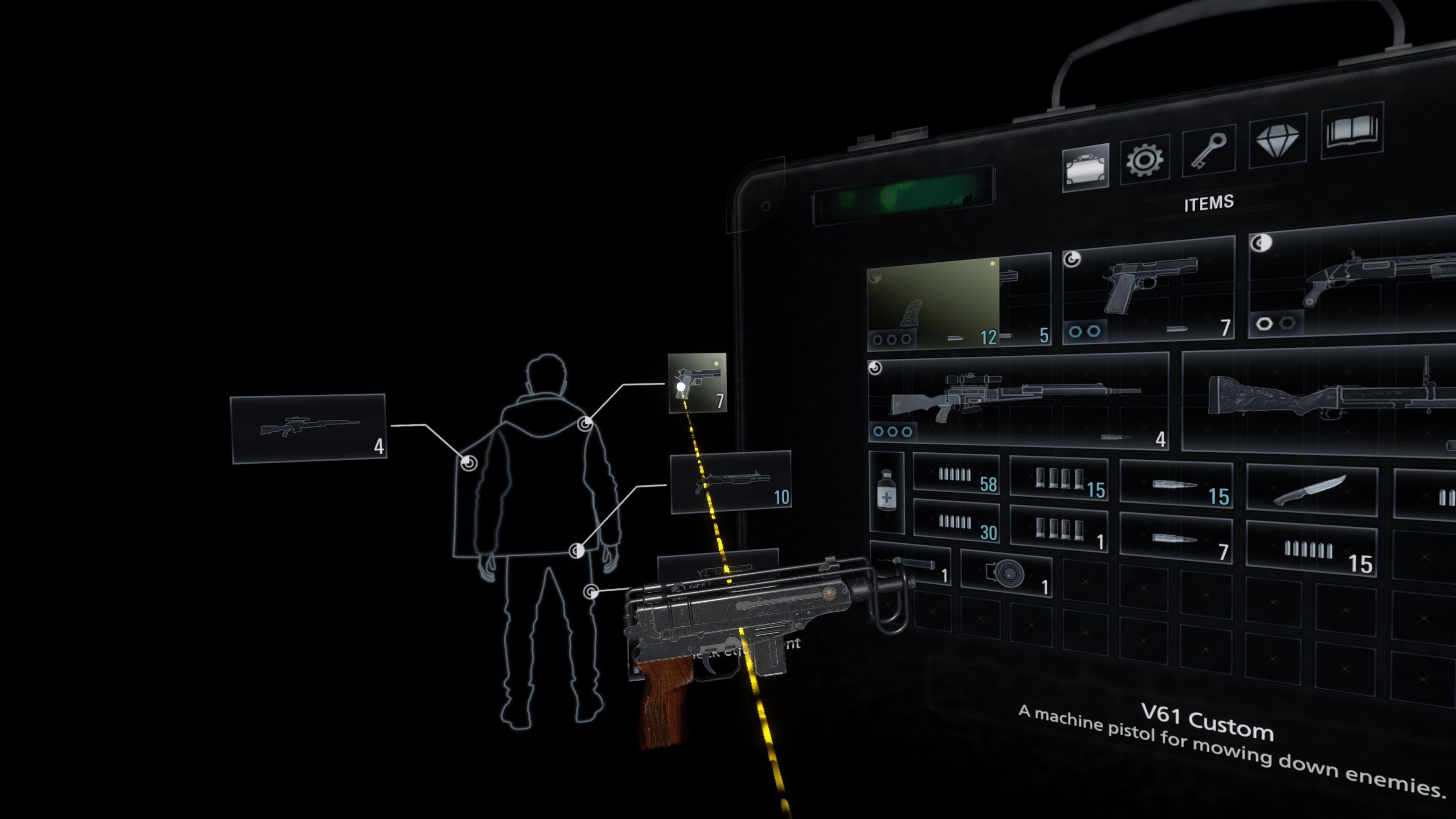 武器は肩や腕、背中に装備する。装備した位置から“取り出して”構えるのだ