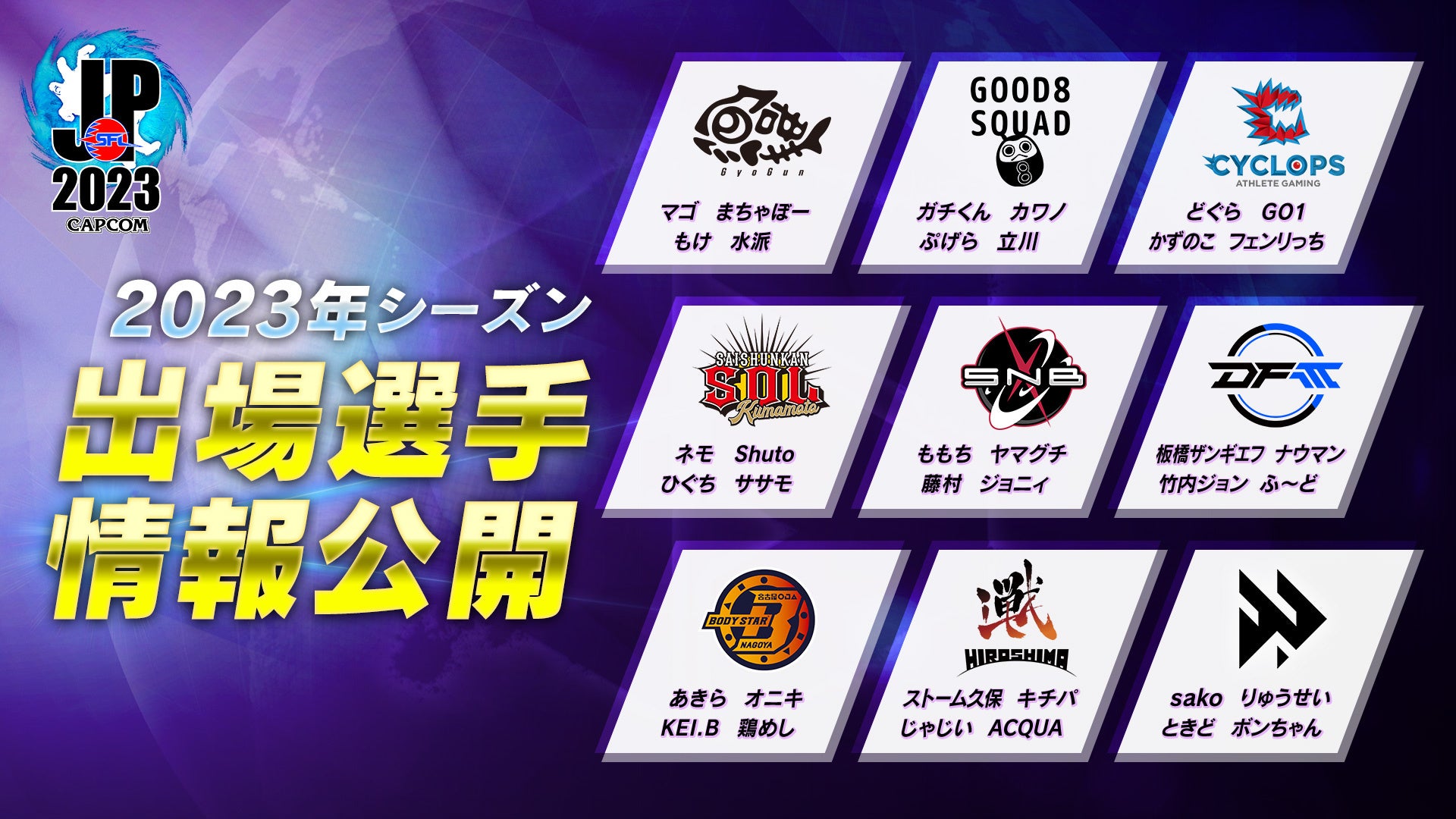 「ストリートファイターリーグ: Pro-JP 2023」1stステージ出場選手36名が決定!9チームが激突、上位6チームが2ndステージ進出。新チーム参戦で更なる熱戦必至! 「ストリートファイターリーグ: Pro-JP 2023」1stステージ出場選手36名が決定!9チームが激突、上位6チームが2ndステージ進出。新チーム参戦で更なる熱戦必至!