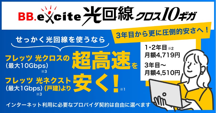 最大10Gbpsなのに最大1Gbpsのフレッツ 光ネクスト(戸建て)より安い!光回線サービス「BB.excite光回線 クロス10ギガ」新規申込受付開始
