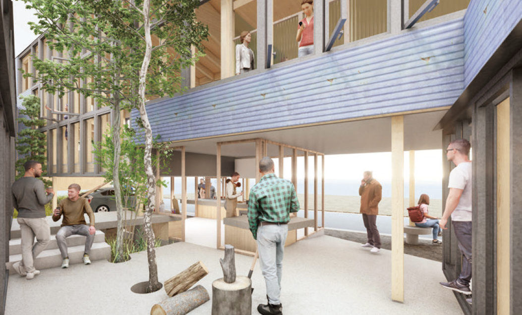 街にほどよく開かれたセミパブリックな広場〈コモンパティオ〉 ※提案書から抜粋。今後、設計段階において変更となる可能性があります。