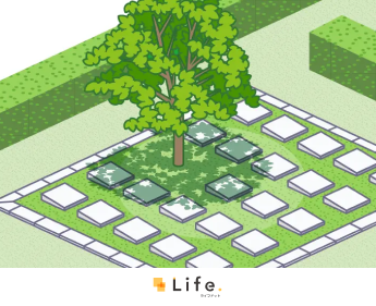 樹木葬とは、植栽や花を目印（墓標）とするお墓。永代供養が付いているものも多い。