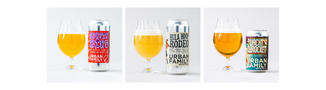 URBAN FAMILY各種：左より、Yacht Rocket - Passionfruit & Coconut Sour、Surfin Bird - POG Sour、Hula Hoop Rodeo - Hazy IPA
