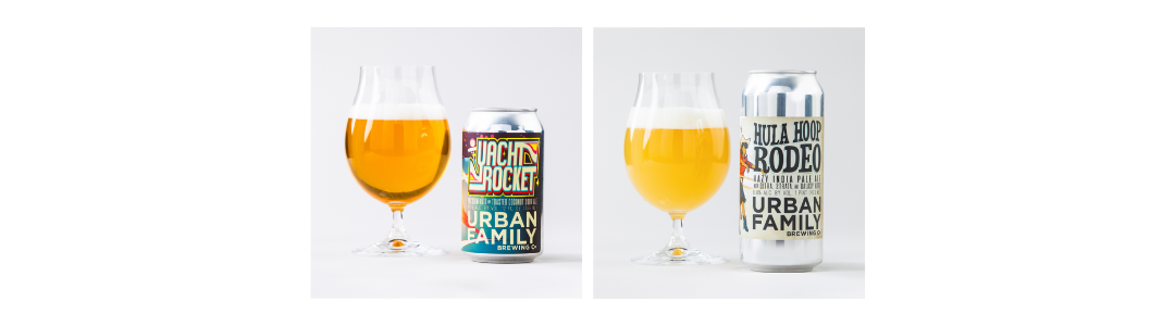 URBAN FAMILY各種：左より、Yacht Rocket - Passionfruit & Coconut Sour、Hula Hoop Rodeo - Hazy IPA