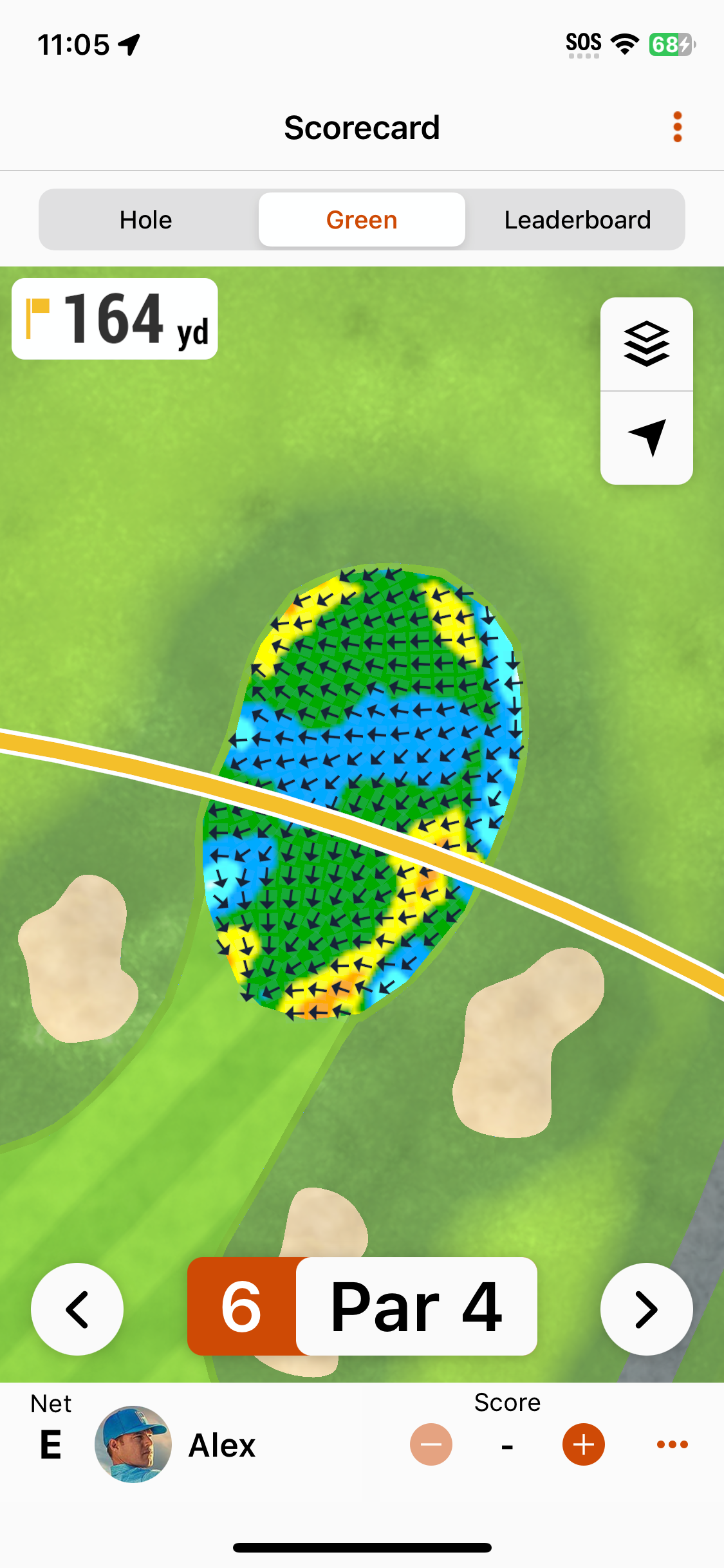 Garmin Golfアプリの表示（グリーン上のターゲット）