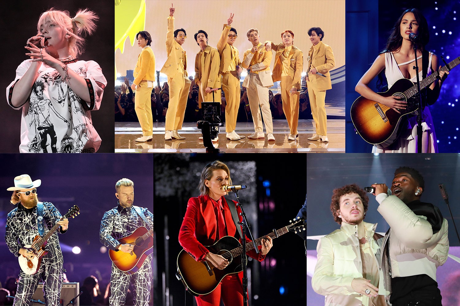 (左上から時計回り)ビリー・アイリッシュ、BTS、オリヴィア・ロドリゴ、リル・ナズ・X with ジャック・ハーロウ、ブランディ・カーライル、ブラザーズ・オズボーン Getty Images