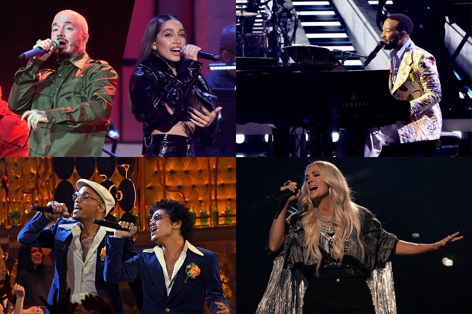 （左上から時計回り） J. バルヴィン with マリア・ベセラ、ジョン・レジェンド、キャリー・アンダーウッド 、シルク・ソニック Getty Images