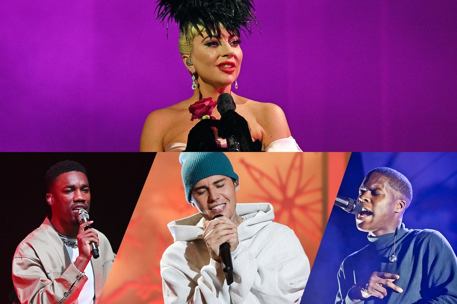 （上段）レディー・ガガ　（下段左より）ギヴィオン、ジャスティン・ビーバー、ダニエル・シーザー　Getty Images