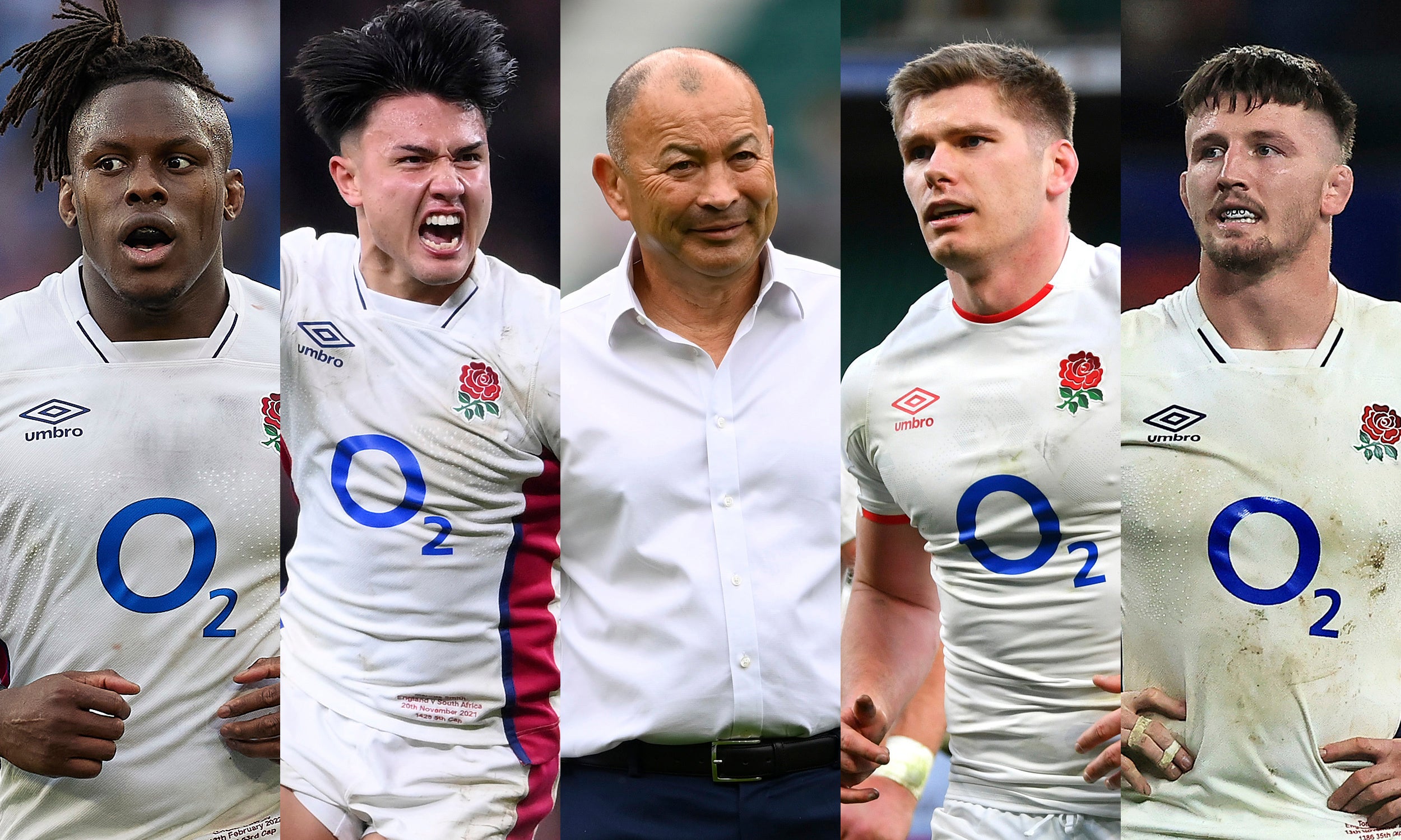 （写真左より）マロ・イトジェ、マーカス・スミス、エディー・ジョーンズ、オーウェン・ファレル、トム・カリー　Getty Images