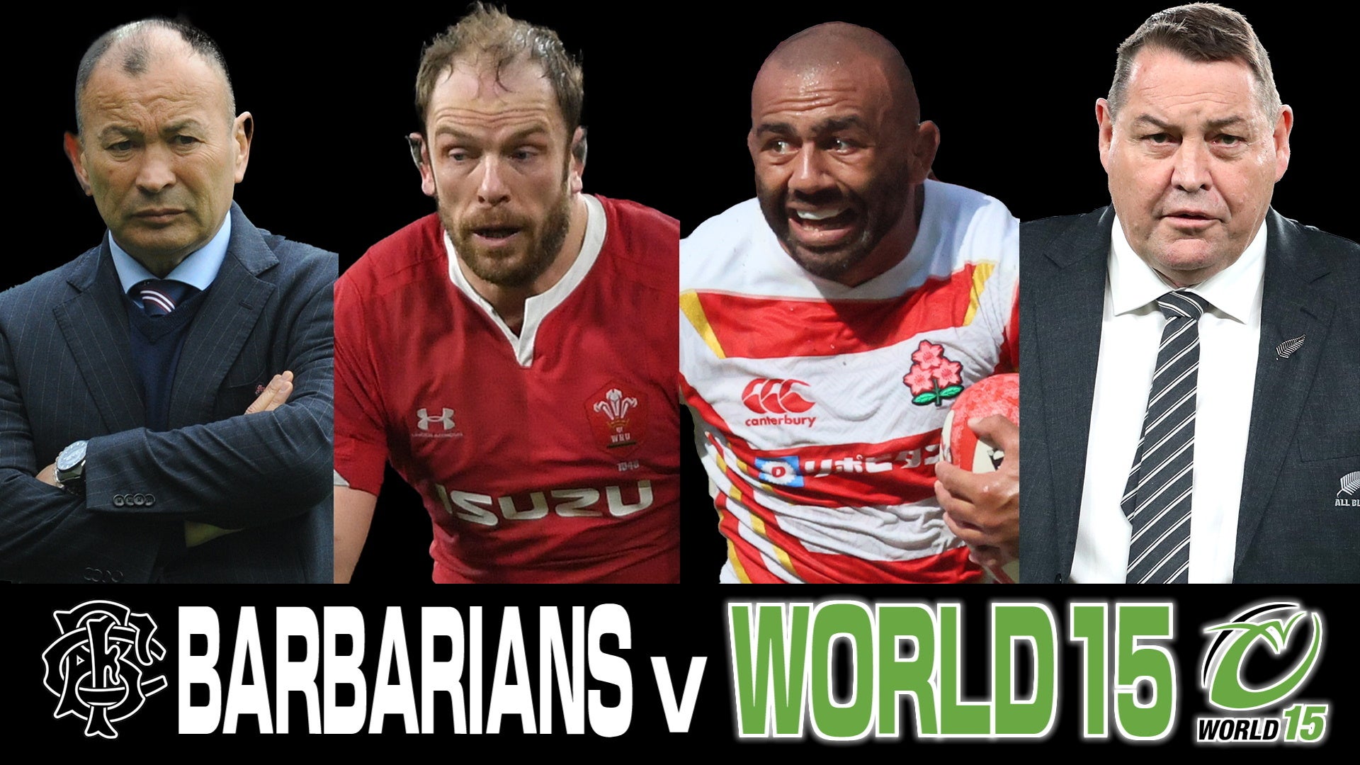 （左から）エディー・ジョーンズHC、アラン・ウィン・ジョーンズ、リーチ マイケル、スティーブ・ハンセンHC　写真：アフロ、Getty Images