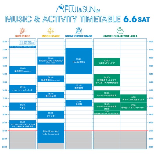 NEC presents FUJI & SUN ’26 いよいよタイムテーブルを公開!初夏の富⼠山の麓で音楽と冒険を楽しみ尽くす、心躍る2日間へ NEC presents FUJI & SUN ’26 いよいよタイムテーブルを公開!初夏の富⼠山の麓で音楽と冒険を楽しみ尽くす、心躍る2日間へ
